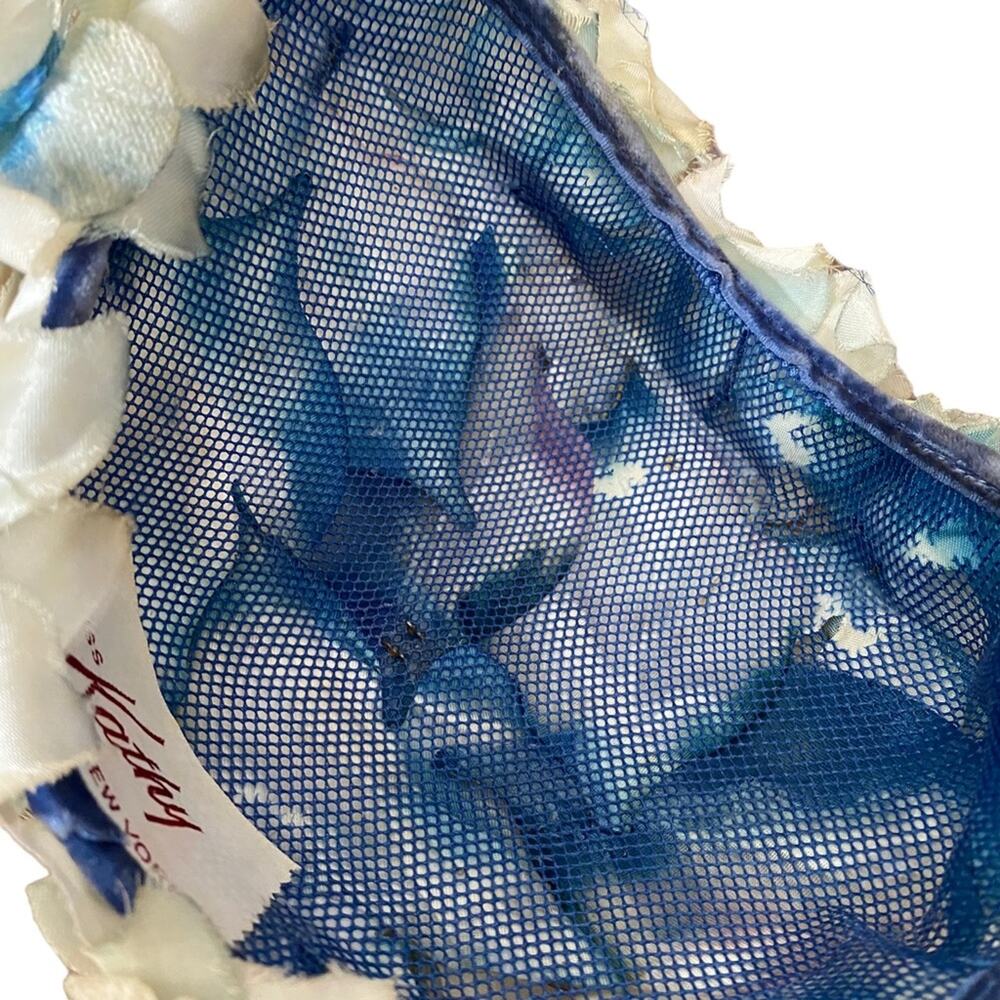 Vintage Miss Kathy New York Silk Floral Velvet Bow Cloche Hat Gatsby Blue Cream - Picture 7 of 8